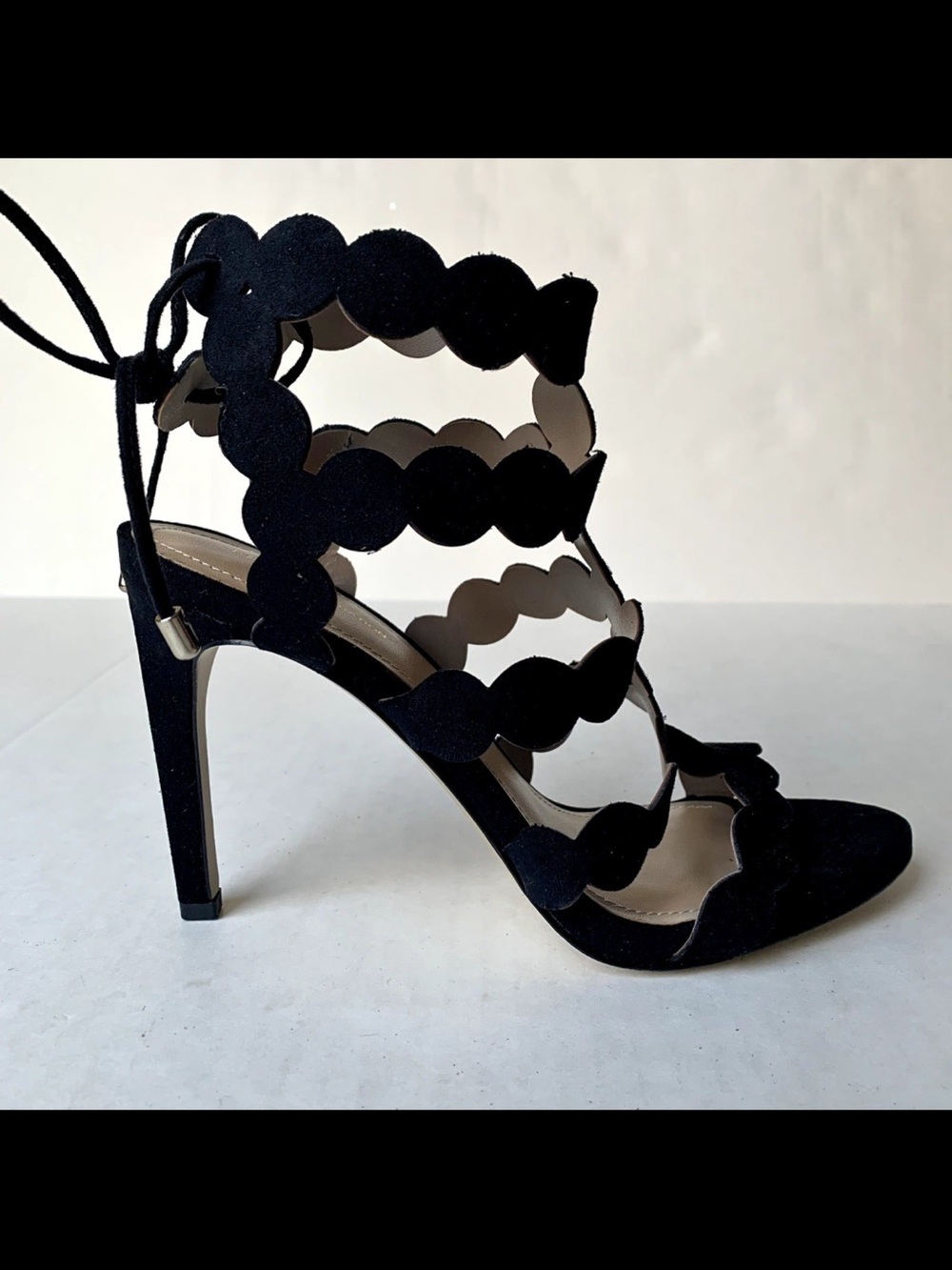 BCBGeneration Black Scalloped Suede High Heel Sandals